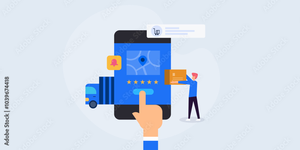 Poster logistic app package delivery and fulfilment process, tracking online order from smartphone device, 