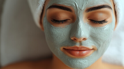 Fototapeta premium Close-up of a woman's face with applied clay blue peeling peeling mask lying on the couch .Cosmetology and spa treatments. Skin care in the salon.