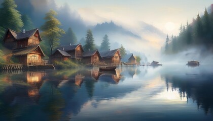 Wooden houses on the lake reflecting in the water at sunset with fog
