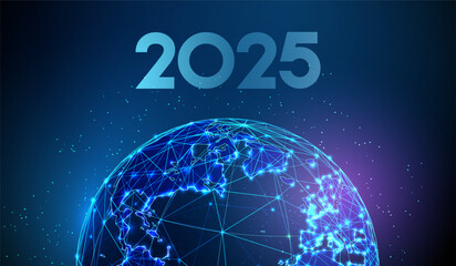 Abstract Happy 2025 New Year greeting card with planet. Low poly technology design.