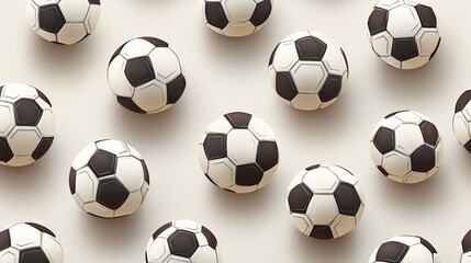 A flat lay of soccer balls arranged on a light background.