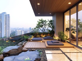 Serene balcony with low wooden furniture, a water feature, and small potted plants for meditation