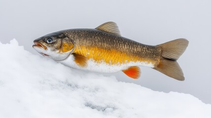 Fototapeta premium A large fish stands on a snow-covered surface, gaping its widest mouth
