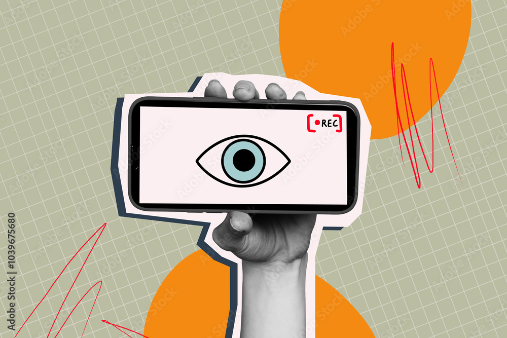 Poster composite photo collage of hand hold phone device eyeball screen sight access hacking cybersecurity 