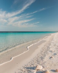 Fototapeta premium Tranquil Beach Scene with Crystal Clear Water and White Sand.