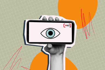 Composite photo collage of hand hold phone device eyeball screen sight access hacking cybersecurity...