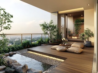 Serene balcony with low wooden furniture, a water feature, and small potted plants for meditation