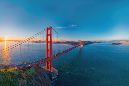 Aerial view of the Golden Gate Bridge in San Francisco at sunset
