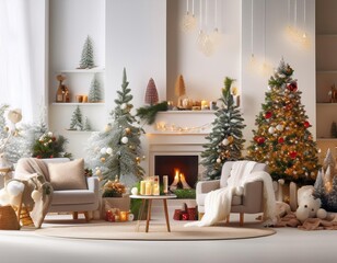 Cozy living room decorated with christmas trees and ornaments