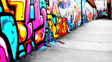 A vibrant urban graffiti alley with spray cans and street art tools, Urban art expression style,...