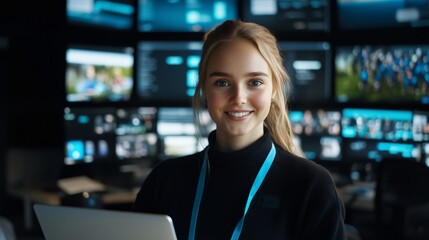 System security specialist smiling at camera in surveillance room
