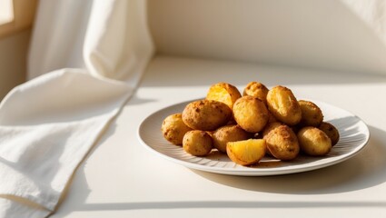 Fototapeta premium Homemade Fresh And Fried Potatoes On Plate Golden Color.