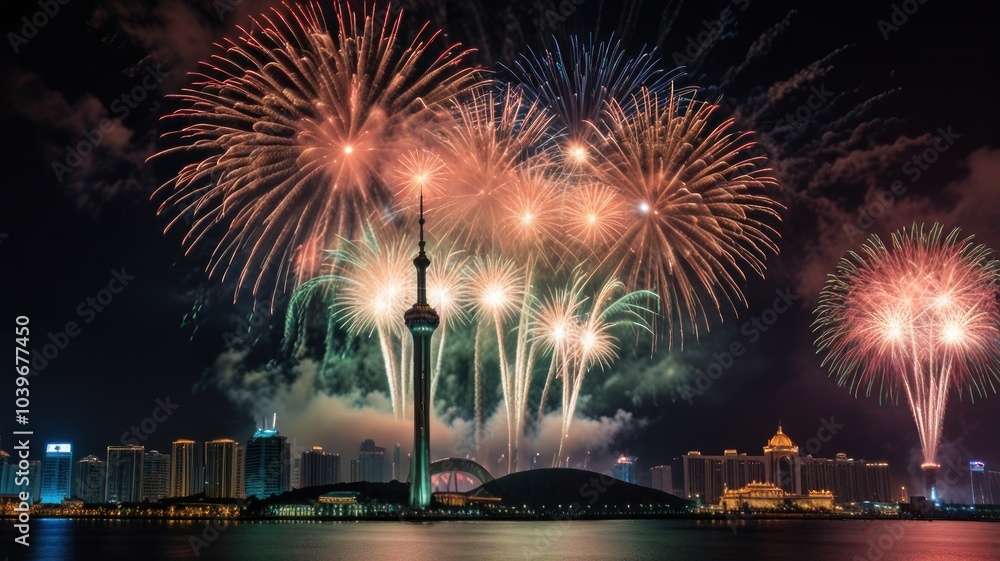 Poster vibrant fireworks explode over a cityscape at night, illuminating the sky with colorful streaks and 