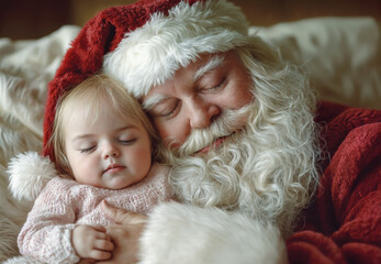 Obraz premium Santa claus sleeping peacefully while holding a baby girl in his arms on christmas eve