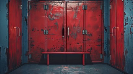 Red doors and bench in a locker room