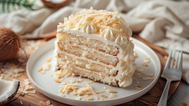 Coconut layered raffaello cake on white plate