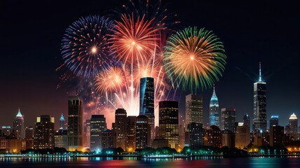 Vibrant fireworks display illuminating the cityscape at night.