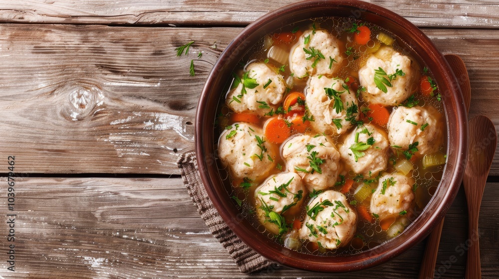 Poster chicken crock pot soup with dumplings top view copy space