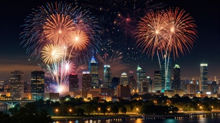 Fototapeta premium Vibrant fireworks explode over a city skyline at night.