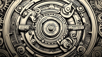 Fototapeta premium A steampunk mandala with intricate patterns of gears, cogs, and pistons, rendered in warm metallic tones of bronze and copper.