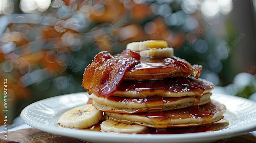 Poster pancake bacon maple syrup with banana