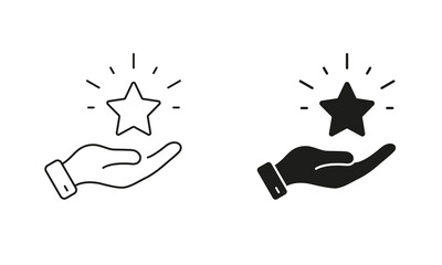 Hand With Star. Best Quality Service Symbol. Customer Satisfaction Line and Silhouette Icon Set. Good Feedback Pictogram. Positive Review Sign. Editable Stroke. Isolated Vector Illustration