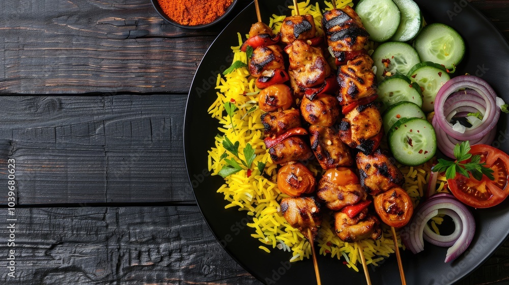 Poster chicken kebabs with saffron rice fresh tomatoes cucumber and red onion on black platter on dark wood
