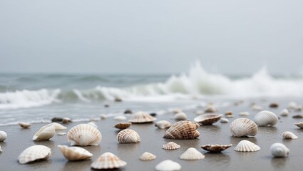 Fototapeta premium Shells on the Shoreline by the Ocean Waves.