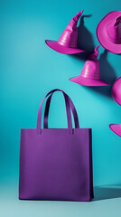 mockup of purple shopping bag with copy space, witch hats in background, Halloween