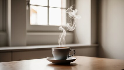 Obraz premium Steam Rising from Coffee Cup on Table in Home Setting.