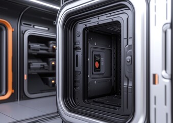 A futuristic, metallic corridor features a sleek black door, blending advanced technology with contemporary design in a sci-fi setting.