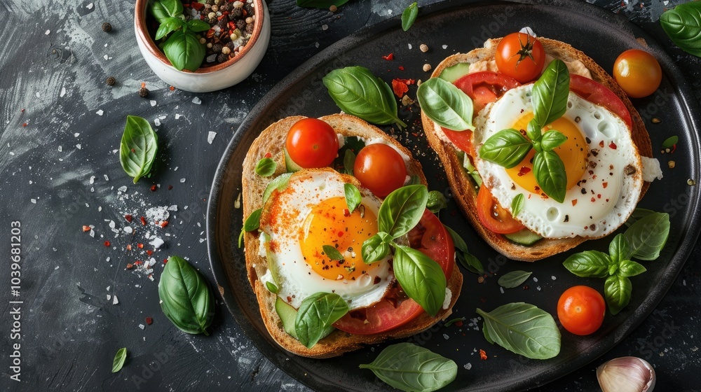 Poster two toast breads with vegetables egg and basil on a plate on a black concrete table
