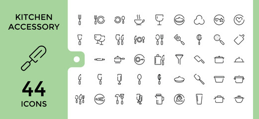 Kitchen accessory line icons set. Containing spoon, fork, knife, whisk, spatula, cutting board, and more. Minimal and modern line vector icon collection. Pixel perfect.