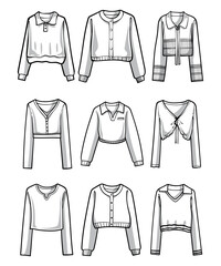 A collection of black and white line art sweaters and jackets vector