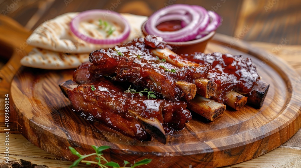 Poster fried mutton ribs meat with red onion rings sauce and pita bread on the wooden board on the wooden t