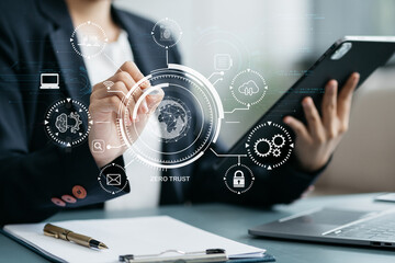 Cybersecurity and privacy concepts to protect data. Lock icon and network security technology. Man...
