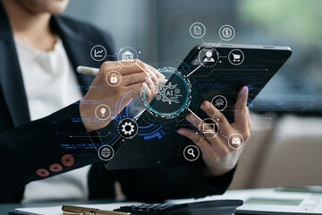 Digital transformation technology strategy, Person using laptop, tablet and smartphone with of things. transformation of ideas and the adoption.