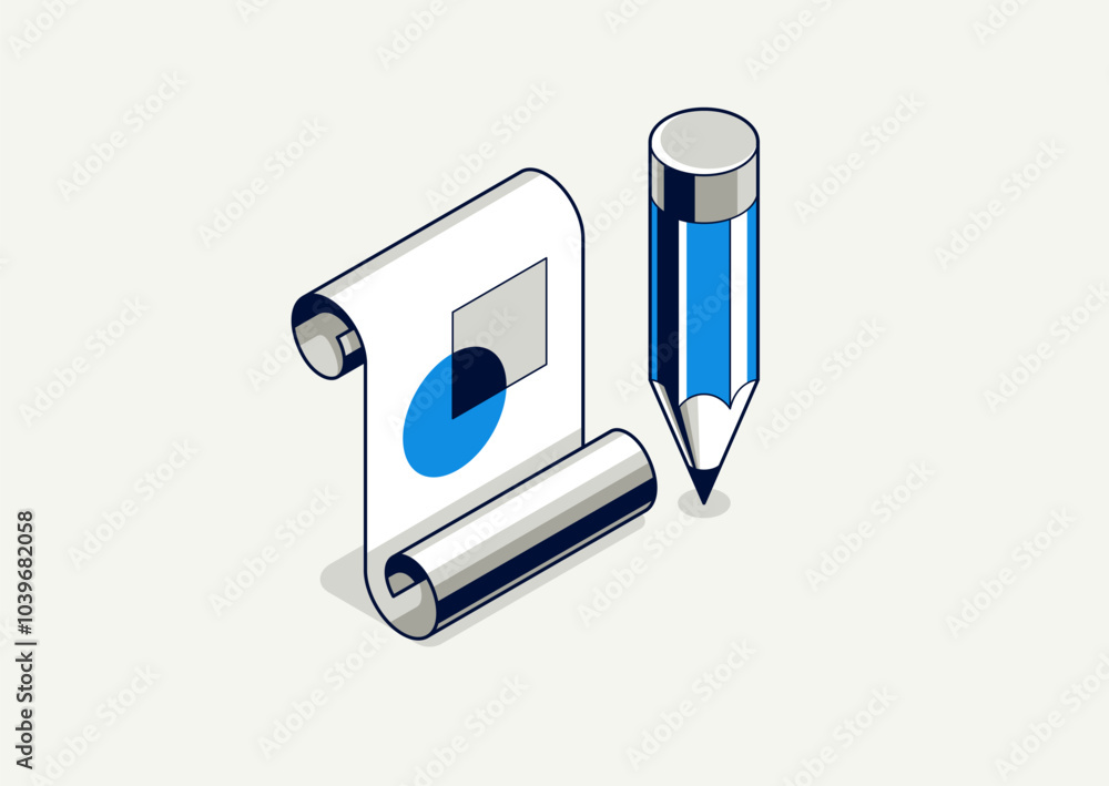 Poster engineering project concept, paper document blueprint with pencil engineer work job vector 3d isomet