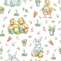 Seamless pattern of Bunnies and Ducks: Easter Rainbow