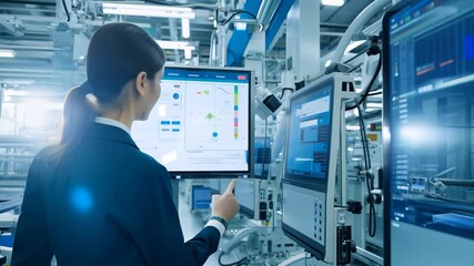 Engineer woman monitoring production line using touchscreen panel - Powered by Adobe