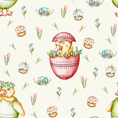 Fototapeta premium Seamless pattern of Bunnies and Ducks: Easter Rainbow