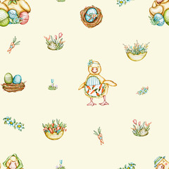 Seamless pattern of Bunnies and Ducks: Easter Rainbow