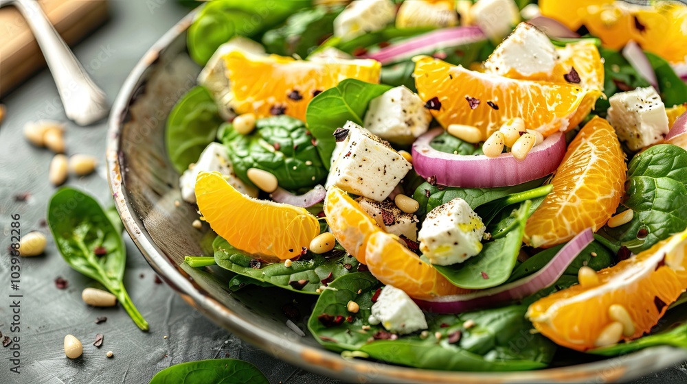 Aufkleber fresh spinach salad with oranges feta ricotta cheese red onion and pine nuts