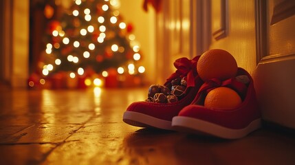 Red kids shoes by the door, filled with chocolates and oranges for St Nicholas Day. Christmas lights