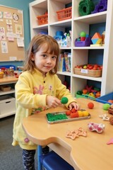  Smiling Toddler Engaging in Sensory Play with Colorful Toys in a Bright Classroom