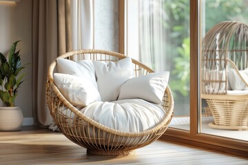 Wicker chair with white cushion in hotel common area.