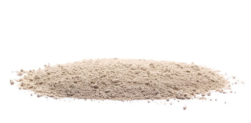Ceramic tile adhesive, pile of dry cement isolated on white, side view