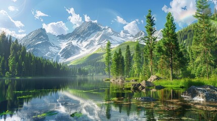 Fototapeta premium Taiga summer landscape The purest mountain lake in the forest Reflection of trees in the water Sunny afternoon on the shore of a mountain lake snow on the slopes are melting Panoramic view