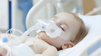 baby is lying on hospital bed, receiving respiratory support via mask in intensive care unit. image captures medical setting with focus on healthcare and treatment. baby is lying on hospital bed. baby