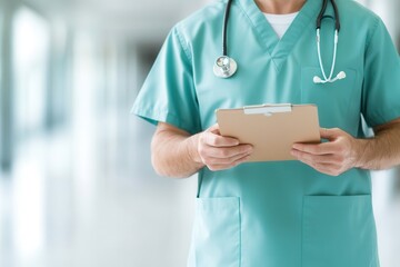 Nurse in Scrubs Holding a Clipboard in Hospital Setting